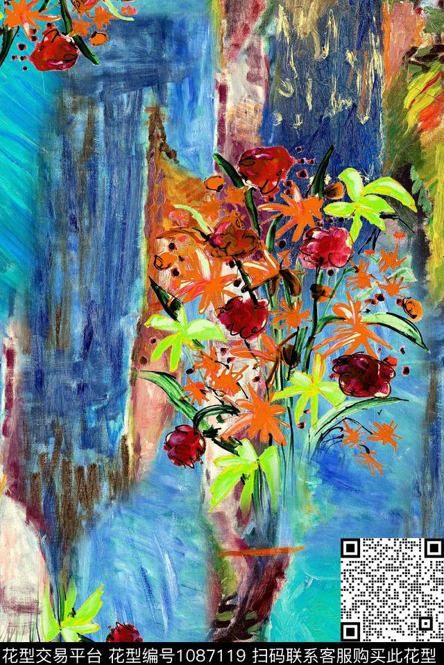 花卉油画肌理复古色彩数码印花华亿平台下载（图片编号: 1087119） - 瓦栏（Walan）