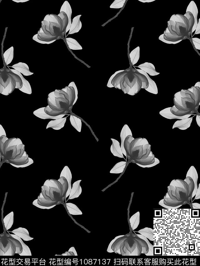 黑底花卉大牌风大花花卉数码印花华亿平台下载（图片编号: 1087137） - 瓦栏（Walan）