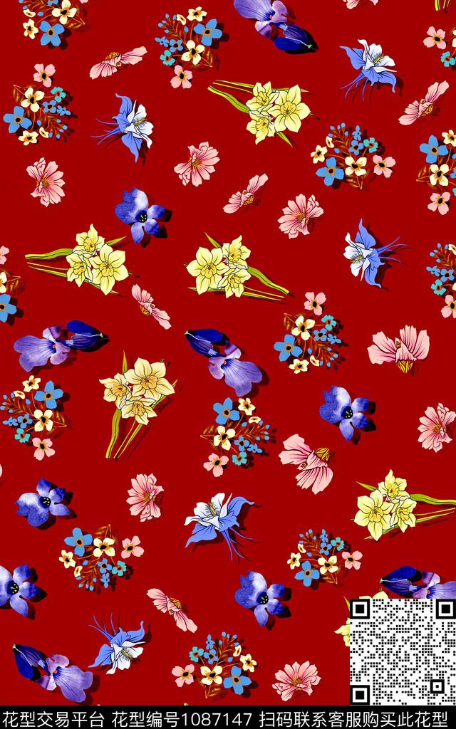 手绘花卉花卉女装数码印花华亿平台下载（图片编号: 1087147） - 瓦栏（Walan）