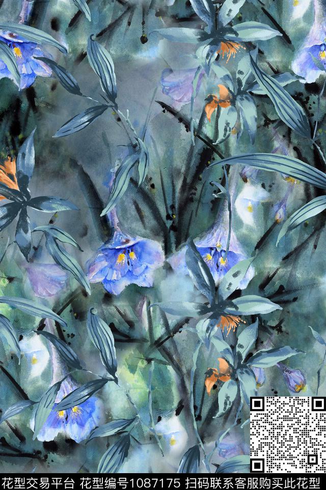 花卉水墨风中国风数码印花华亿平台下载（图片编号: 1087175） - 瓦栏（Walan）