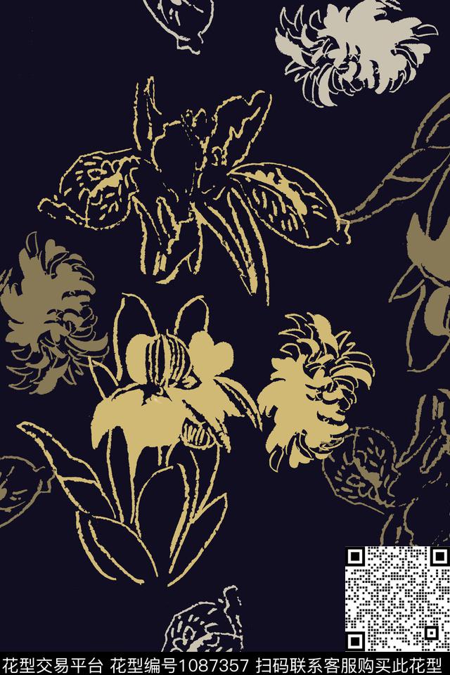 风格化花卉男装休闲花卉签字笔印花传统印花华亿平台下载（图片编号: 1087357） - 瓦栏（Walan）