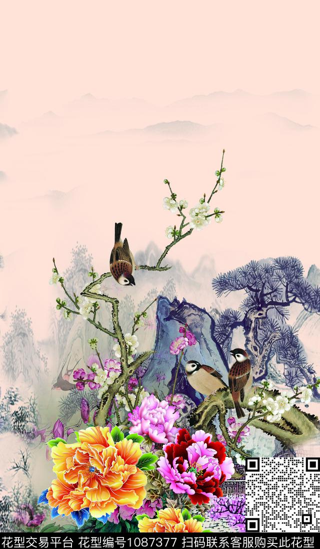 抽象花卉定位花中国风定位花数码印花华亿平台下载（图片编号: 1087377） - 瓦栏（Walan）