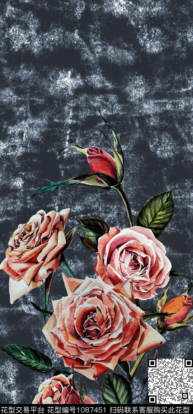 手绘花卉定位花卉中老年花卉数码印花华亿平台下载（图片编号: 1087451） - 瓦栏（Walan）