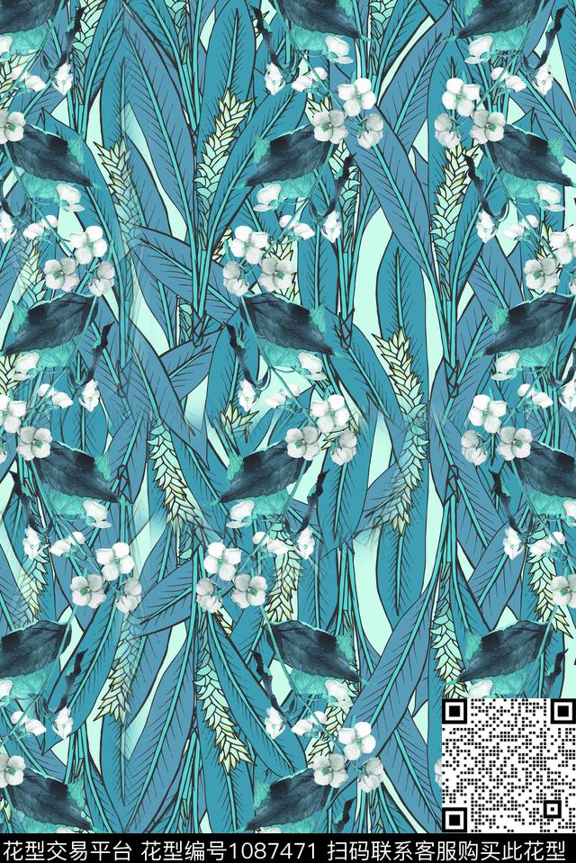 线条花卉趣味绿植树叶数码印花华亿平台下载（图片编号: 1087471） - 瓦栏（Walan）