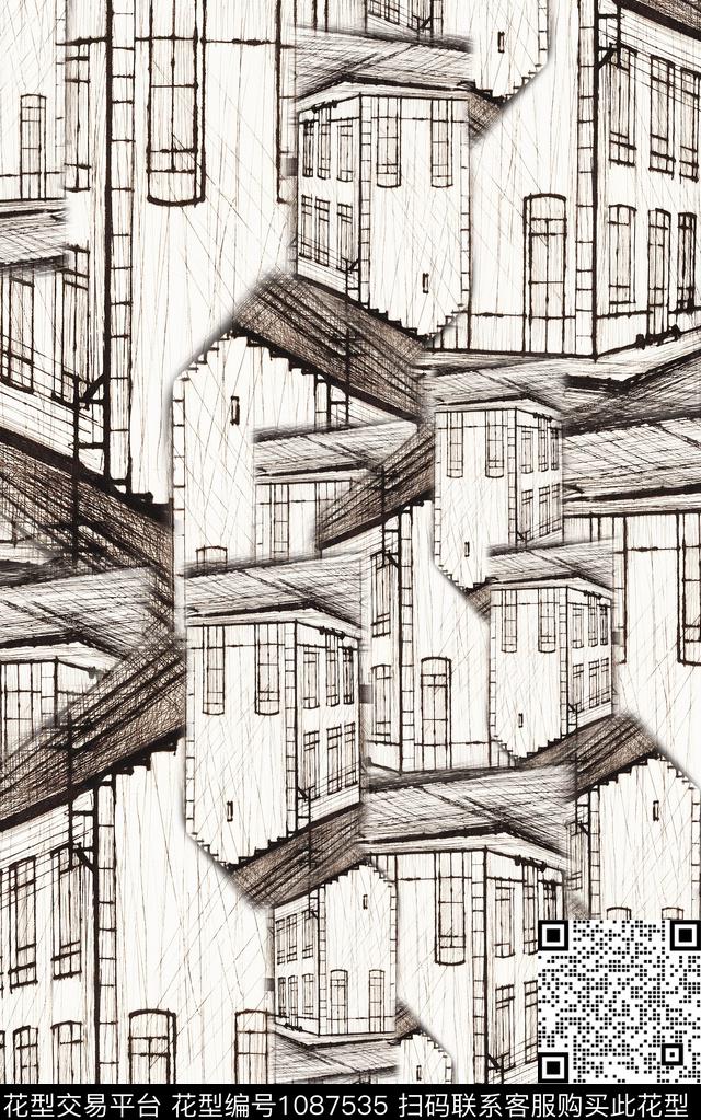 线条几何黑白华亿平台数码印花华亿平台下载（图片编号: 1087535） - 瓦栏（Walan）