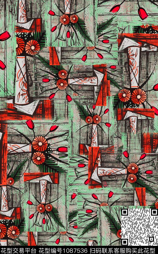 线条花卉几何数码印花华亿平台下载（图片编号: 1087536） - 瓦栏（Walan）