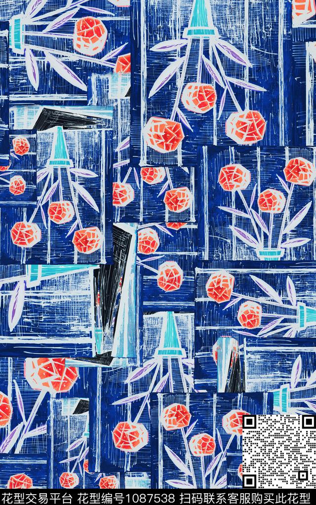 线条花卉几何数码印花华亿平台下载（图片编号: 1087538） - 瓦栏（Walan）