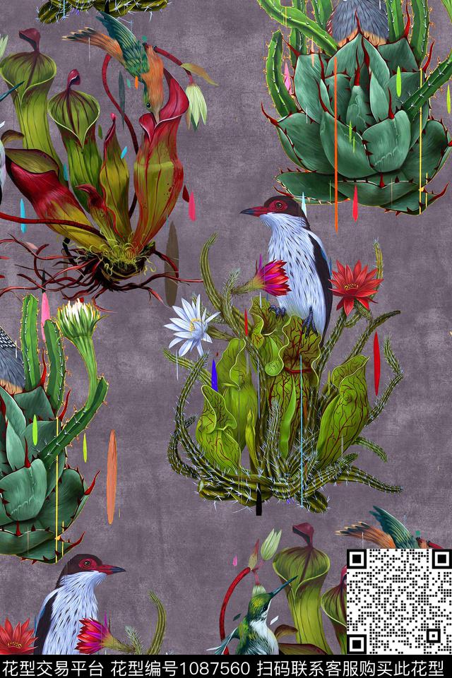 仙人掌花卉鸟数码印花华亿平台下载（图片编号: 1087560） - 瓦栏（Walan）