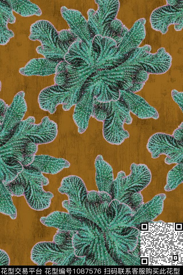 抽象仙人掌花卉数码印花华亿平台下载（图片编号: 1087576） - 瓦栏（Walan）