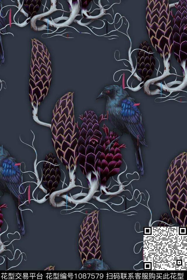 鸟抽象松果数码印花华亿平台下载（图片编号: 1087579） - 瓦栏（Walan）