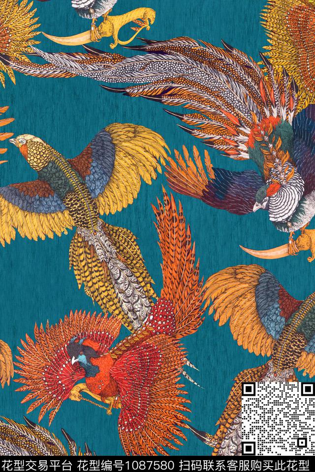 鸟羽毛孔雀数码印花华亿平台下载（图片编号: 1087580） - 瓦栏（Walan）