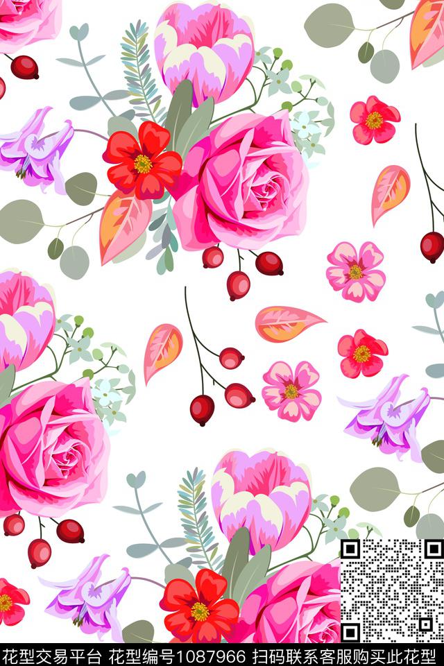 郁金香玫瑰花浆果数码印花华亿平台下载（图片编号: 1087966） - 瓦栏（Walan）
