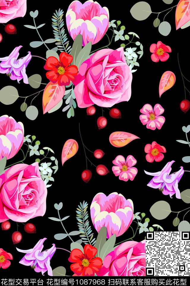 郁金香玫瑰花浆果数码印花华亿平台下载（图片编号: 1087968） - 瓦栏（Walan）