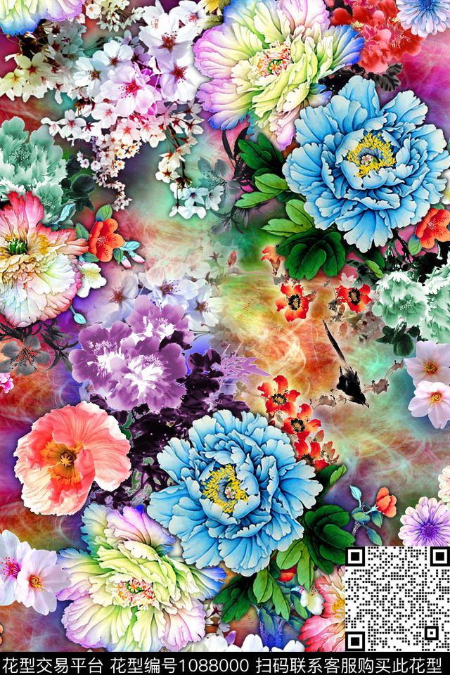 民族花卉抽象花卉数码印花华亿平台下载（图片编号: 1088000） - 瓦栏（Walan）