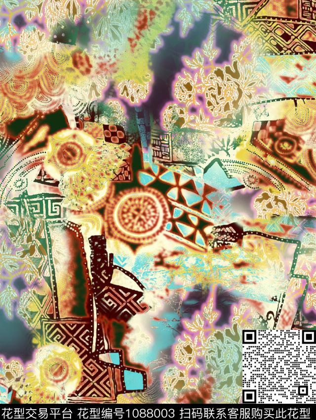 定位花古典花纹抽象数码印花华亿平台下载（图片编号: 1088003） - 瓦栏（Walan）