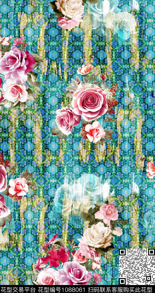 数码华亿平台抽象底加花花卉数码印花华亿平台下载（图片编号: 1088061） - 瓦栏（Walan）