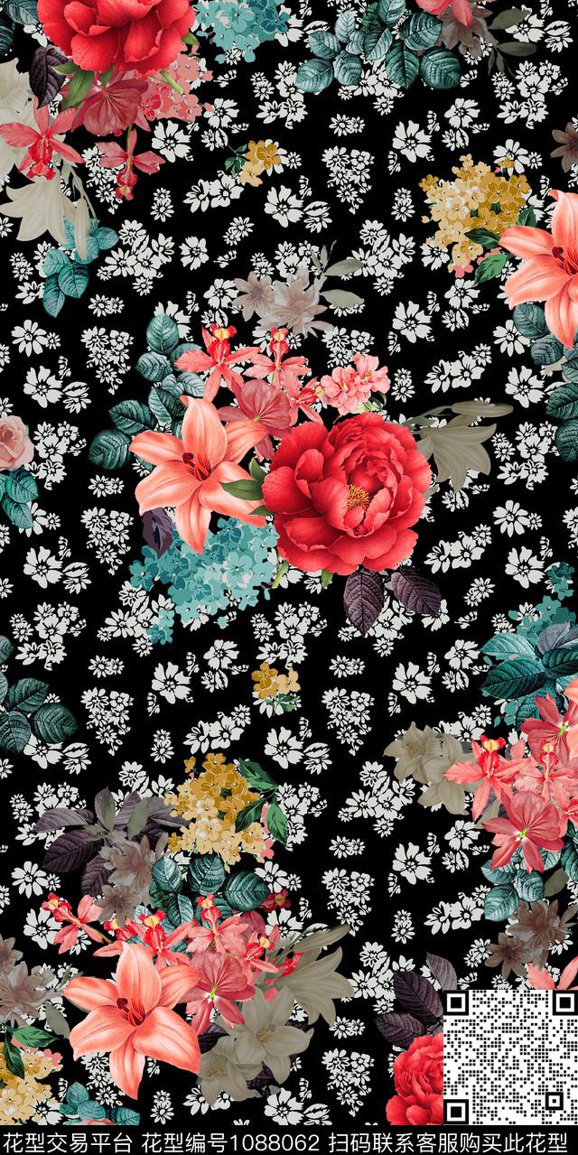 数码华亿平台黑底花卉满版华亿平台数码印花华亿平台下载（图片编号: 1088062） - 瓦栏（Walan）