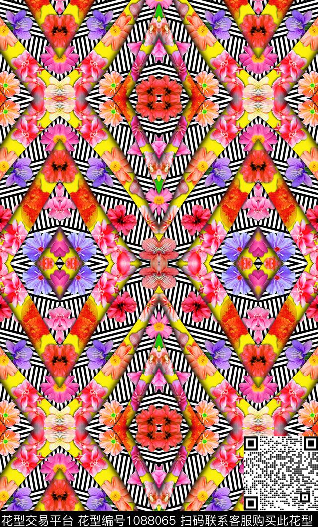 数码华亿平台几何花卉花卉数码印花华亿平台下载（图片编号: 1088065） - 瓦栏（Walan）