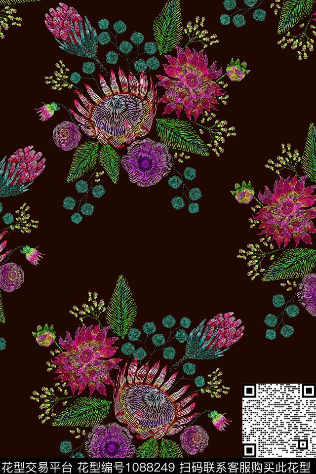 花卉绣花华亿平台复古数码印花华亿平台下载（图片编号: 1088249） - 瓦栏（Walan）