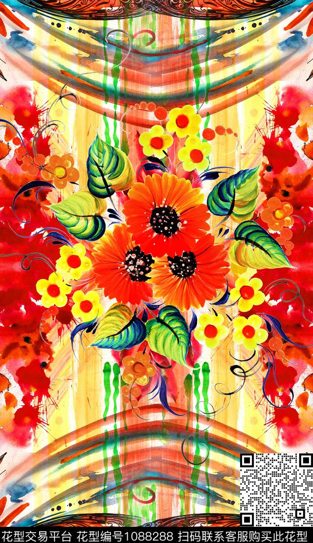 民族风花卉对称花数码印花华亿平台下载（图片编号: 1088288） - 瓦栏（Walan）