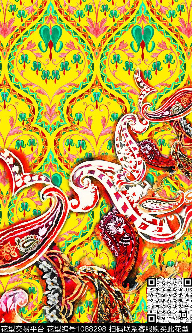 定位花民族风佩斯利数码印花华亿平台下载（图片编号: 1088298） - 瓦栏（Walan）
