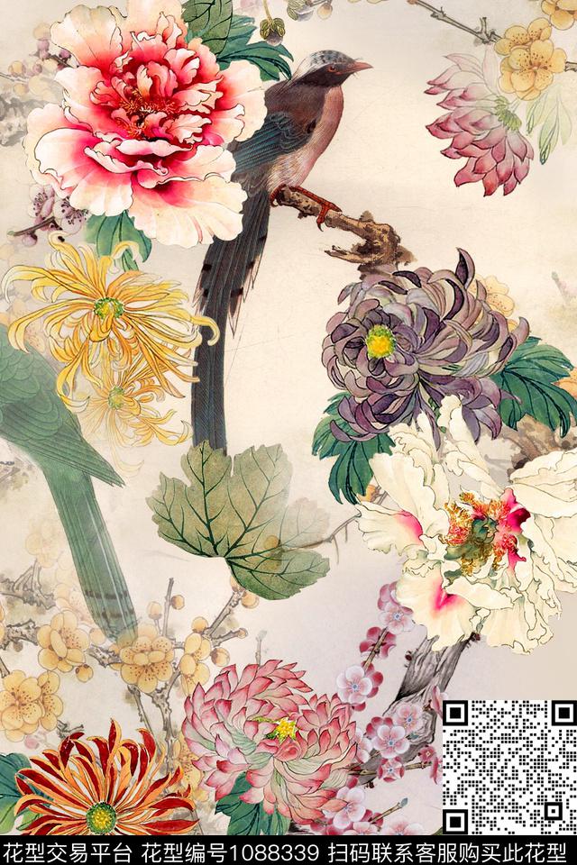 菊花牡丹中国风数码印花华亿平台下载（图片编号: 1088339） - 瓦栏（Walan）