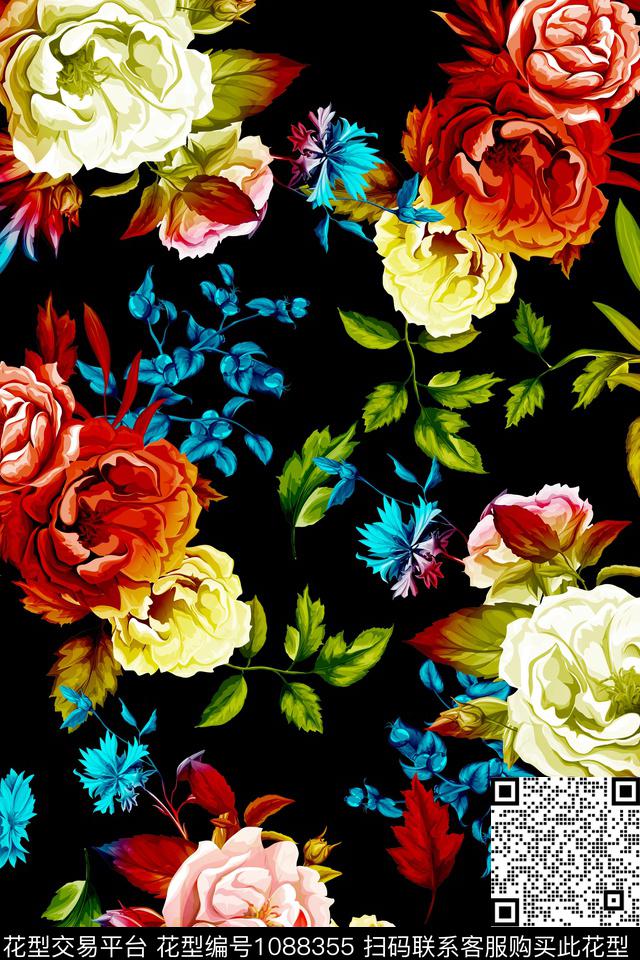 牡丹野玫瑰矢车菊数码印花华亿平台下载（图片编号: 1088355） - 瓦栏（Walan）