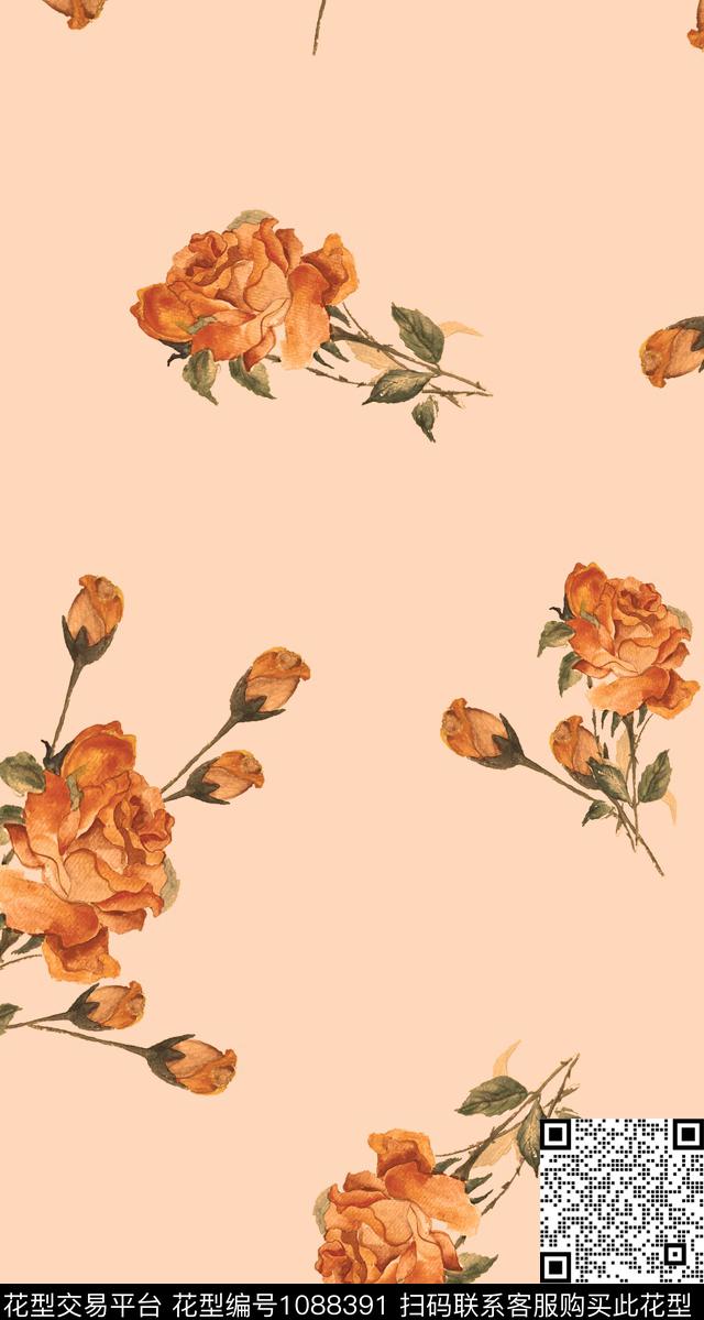 数码华亿平台手绘玫瑰少女数码印花华亿平台下载（图片编号: 1088391） - 瓦栏（Walan）