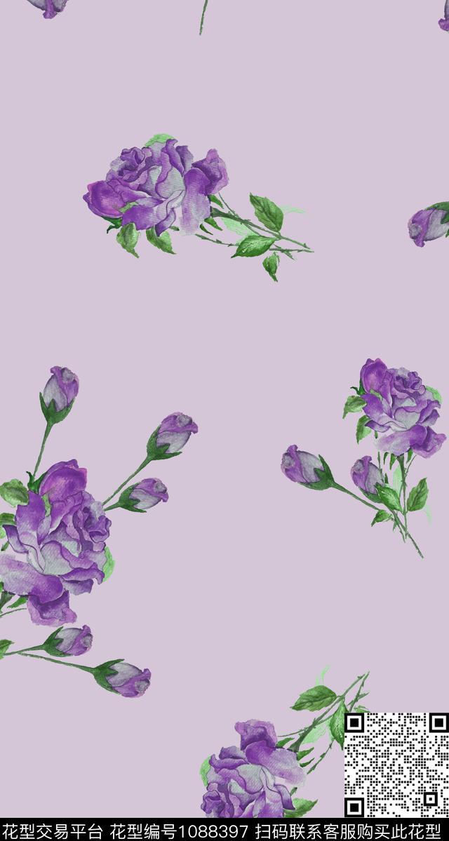 数码华亿平台手绘玫瑰少女数码印花华亿平台下载（图片编号: 1088397） - 瓦栏（Walan）