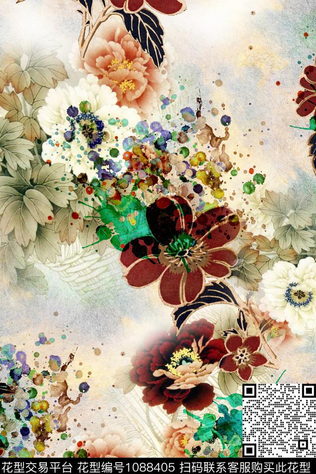 牡丹国画朦胧底数码印花华亿平台下载（图片编号: 1088405） - 瓦栏（Walan）