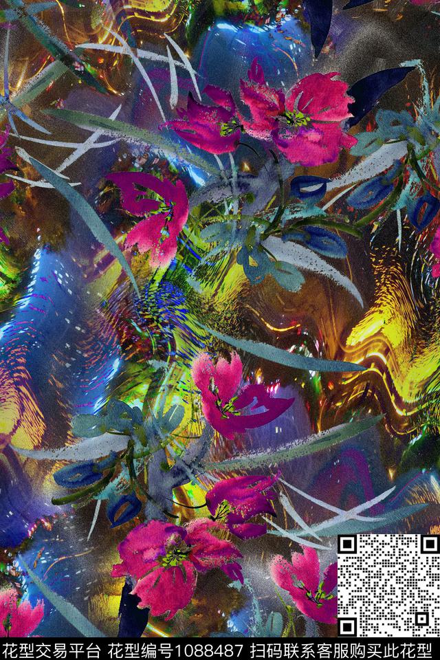 数码华亿平台手绘花卉花卉数码印花华亿平台下载（图片编号: 1088487） - 瓦栏（Walan）