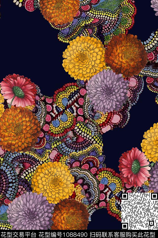 花卉几何1/2接数码印花华亿平台下载（图片编号: 1088490） - 瓦栏（Walan）