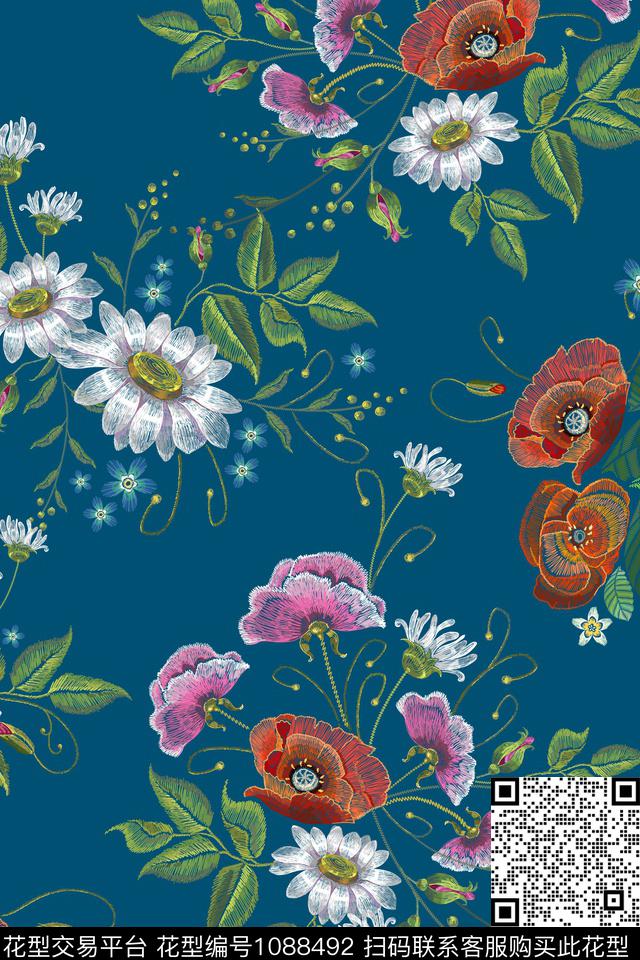 花卉几何1/2接数码印花华亿平台下载（图片编号: 1088492） - 瓦栏（Walan）