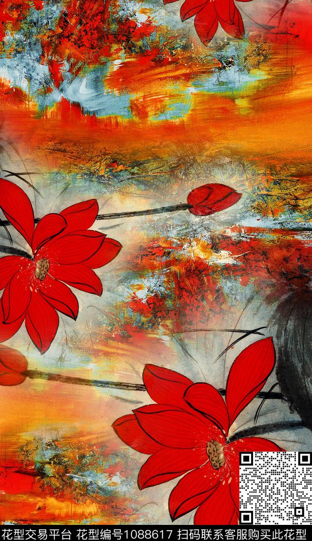 定位花花卉笔触数码印花华亿平台下载（图片编号: 1088617） - 瓦栏（Walan）