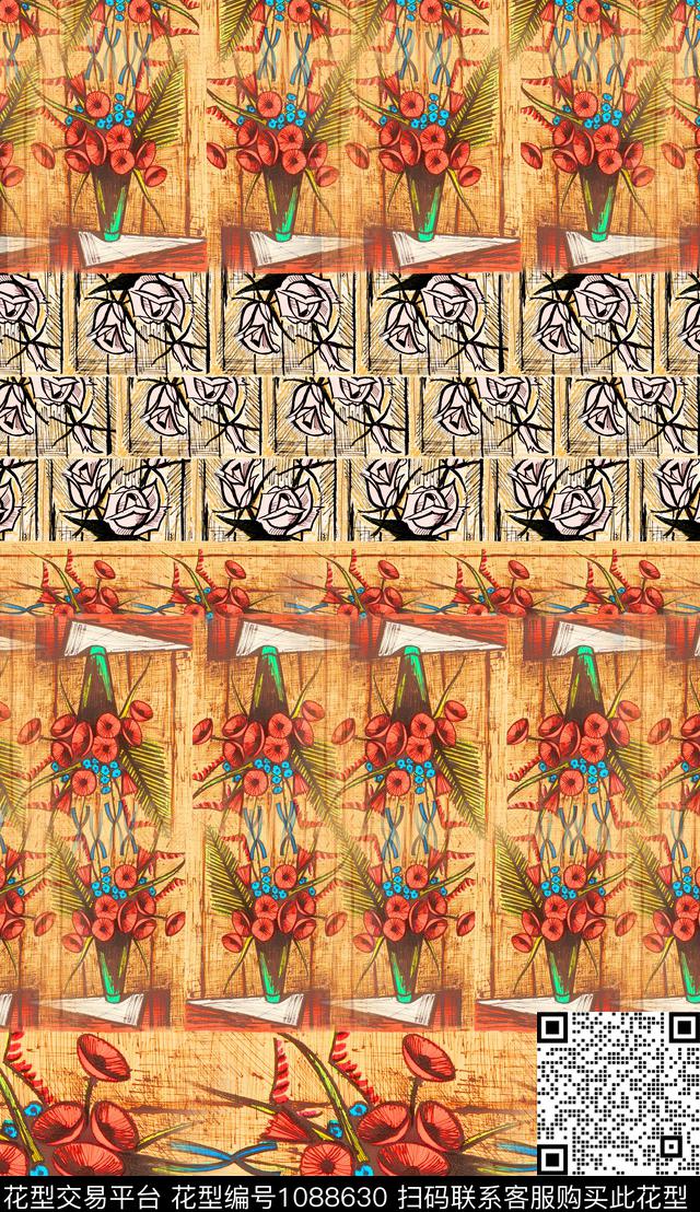 定位花线条花卉数码印花华亿平台下载（图片编号: 1088630） - 瓦栏（Walan）