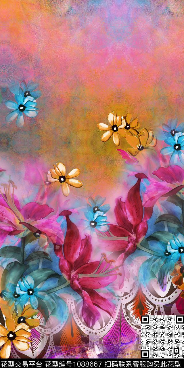 民族风艺术花卉女装定位数码印花华亿平台下载（图片编号: 1088667） - 瓦栏（Walan）