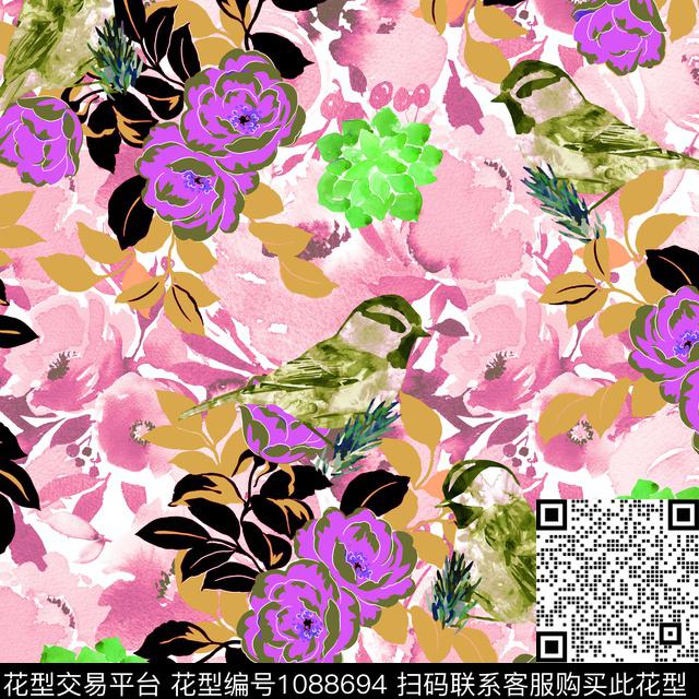 多肉鸟水彩花卉数码印花华亿平台下载（图片编号: 1088694） - 瓦栏（Walan）