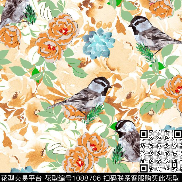 多肉鸟水彩花卉数码印花华亿平台下载（图片编号: 1088706） - 瓦栏（Walan）