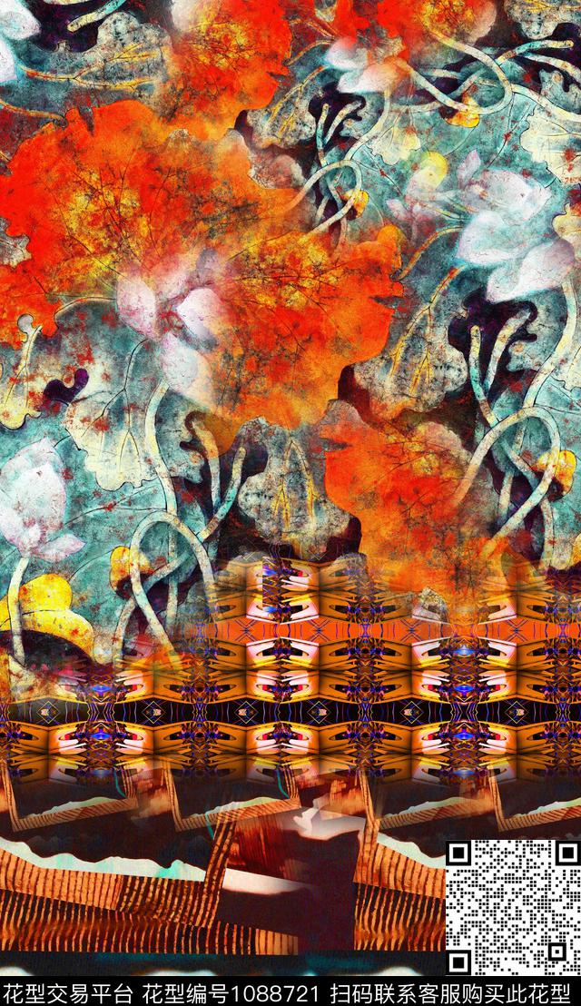 定位花肌理水彩花卉数码印花华亿平台下载（图片编号: 1088721） - 瓦栏（Walan）