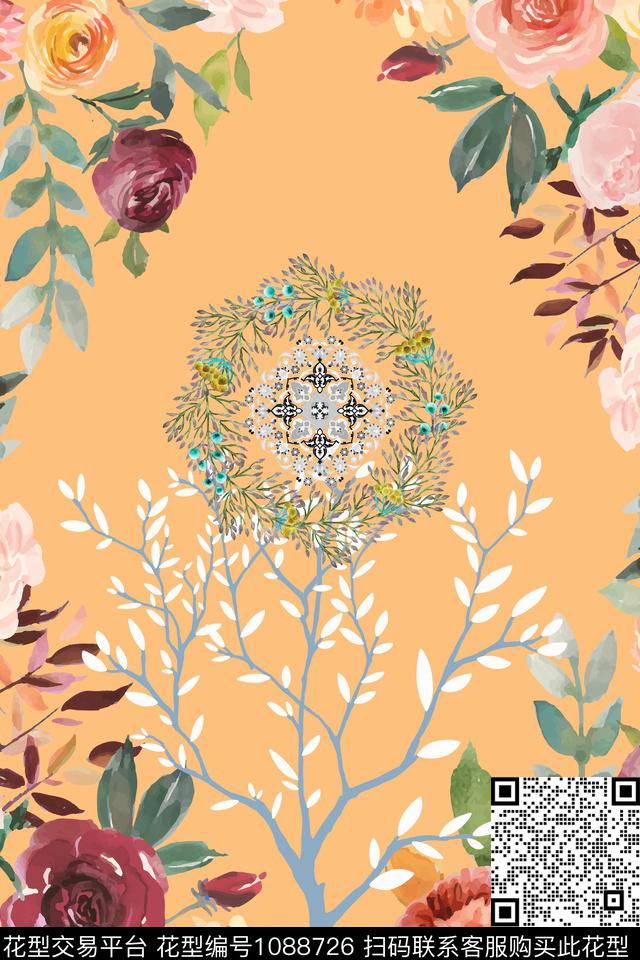 民族风水彩花卉树林数码印花华亿平台下载（图片编号: 1088726） - 瓦栏（Walan）