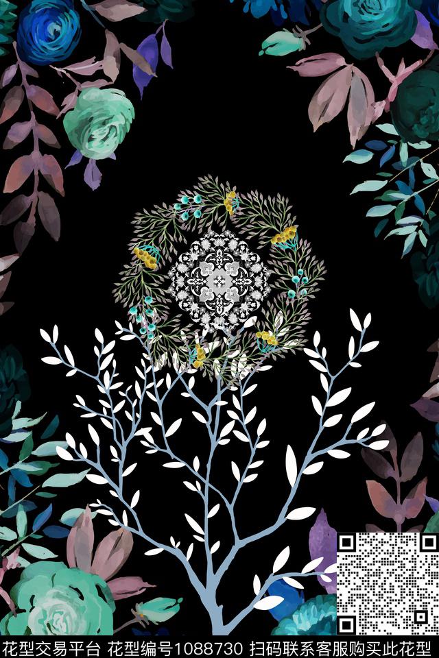 民族风水彩花卉树林数码印花华亿平台下载（图片编号: 1088730） - 瓦栏（Walan）