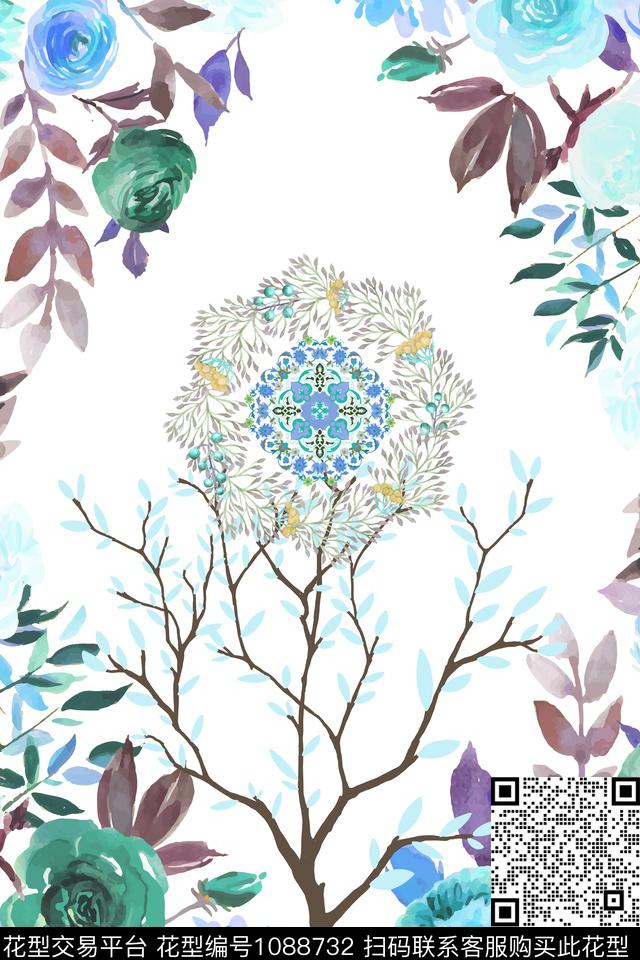 水彩花卉定位花年轻女性数码印花华亿平台下载（图片编号: 1088732） - 瓦栏（Walan）