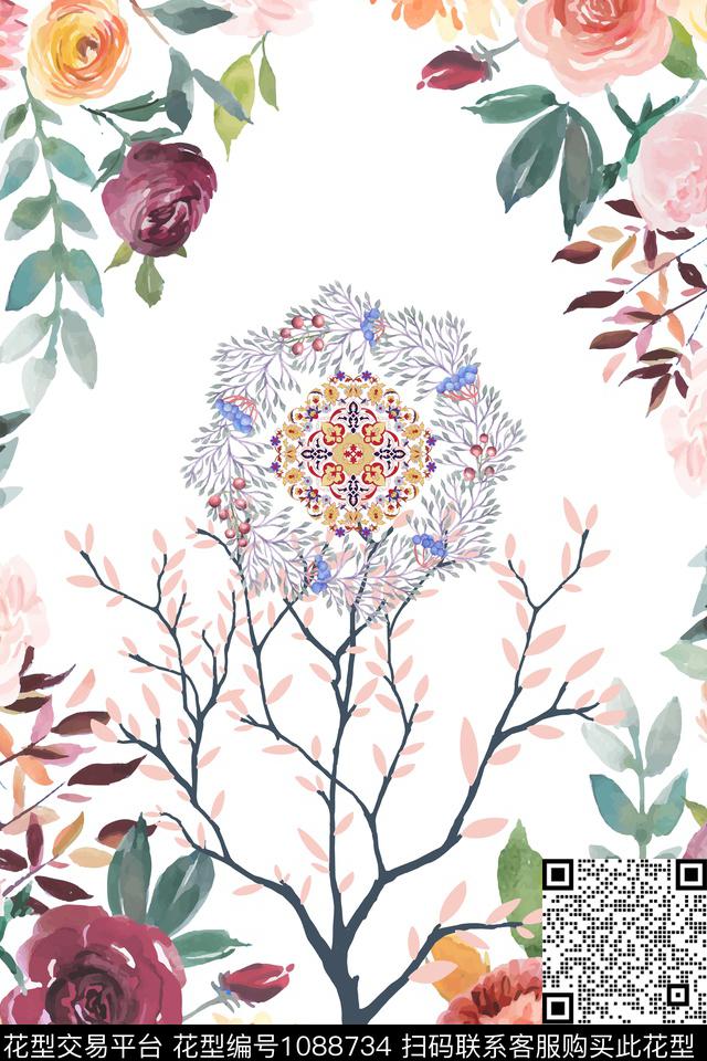 民族风水彩花卉树林数码印花华亿平台下载（图片编号: 1088734） - 瓦栏（Walan）