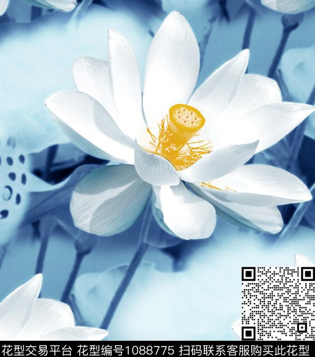 素雅荷花中国风数码印花华亿平台下载（图片编号: 1088775） - 瓦栏（Walan）