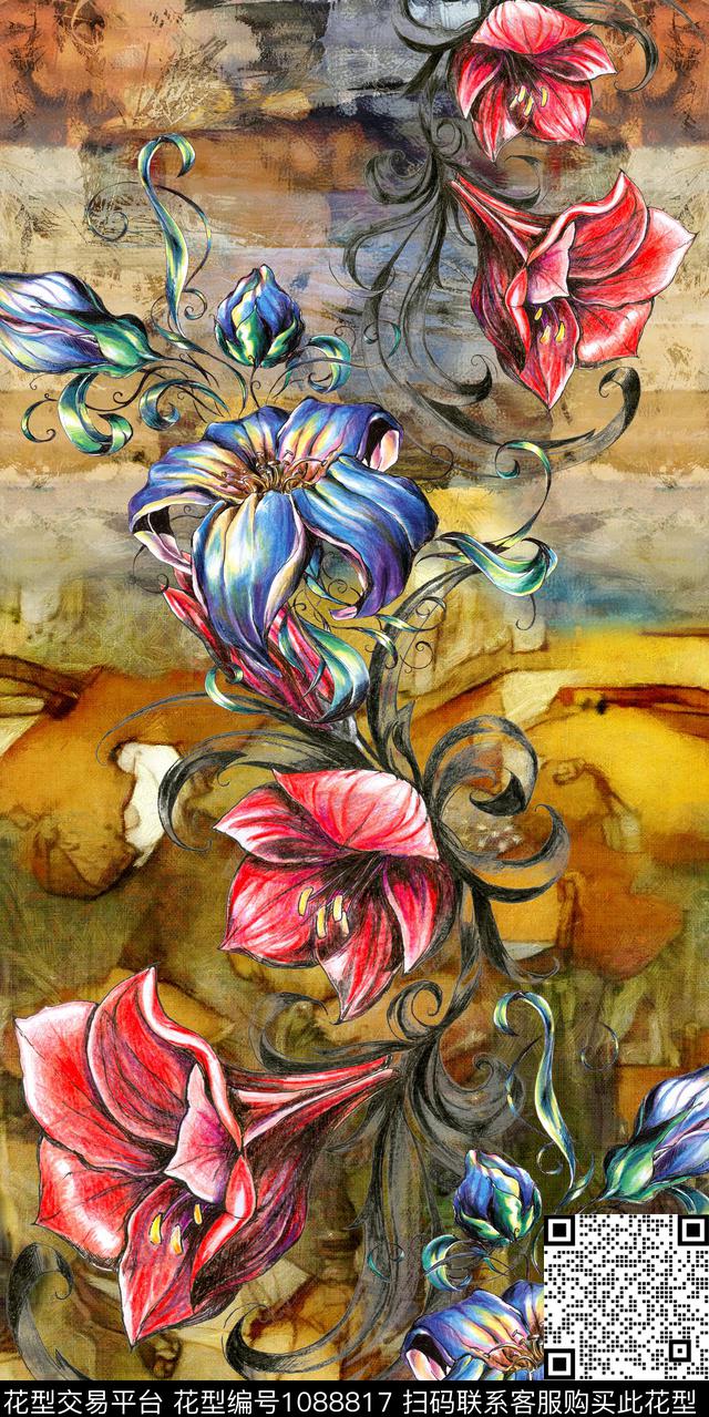 秋冬华亿平台手绘花卉欧洲数码印花华亿平台下载（图片编号: 1088817） - 瓦栏（Walan）