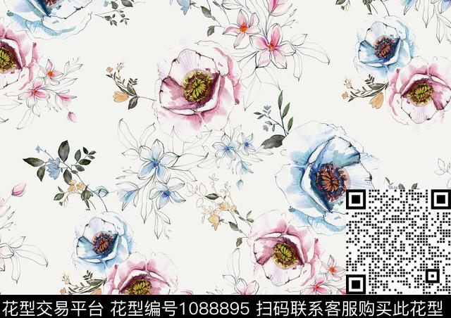 水彩花卉手绘花卉休闲数码印花华亿平台下载（图片编号: 1088895） - 瓦栏（Walan）