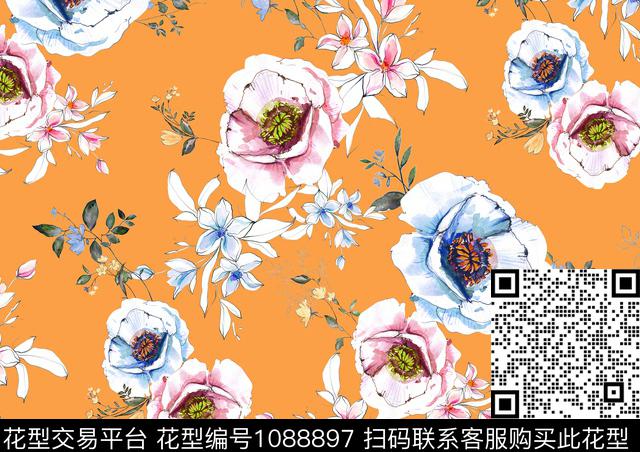 水彩花卉手绘花卉休闲数码印花华亿平台下载（图片编号: 1088897） - 瓦栏（Walan）