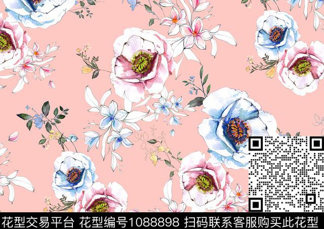 水彩花卉手绘花卉休闲数码印花华亿平台下载（图片编号: 1088898） - 瓦栏（Walan）