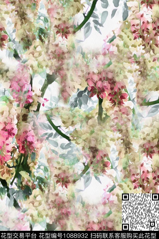 春夏华亿平台水彩花卉清爽底花卉数码印花华亿平台下载（图片编号: 1088932） - 瓦栏（Walan）