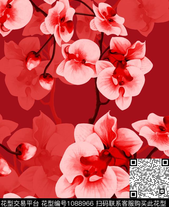 玉兰花民族风中国红数码印花华亿平台下载（图片编号: 1088966） - 瓦栏（Walan）